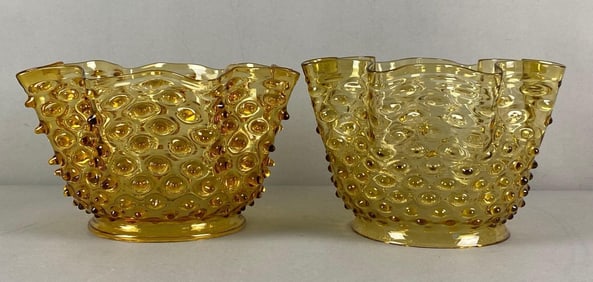 Group of 2 Antique Amber Ruffled Edge Hobnail Glass Lamp Shades