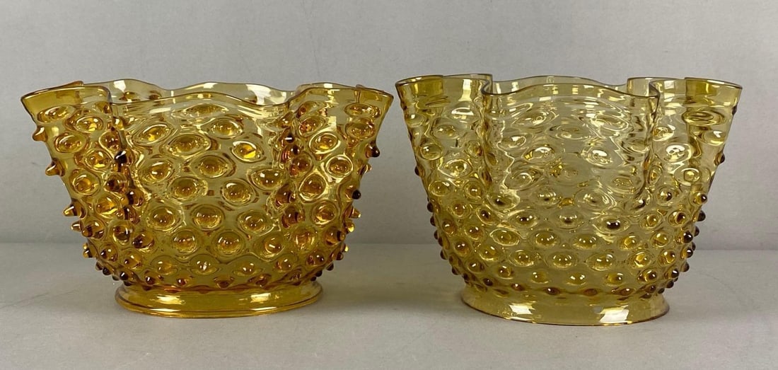 Group of 2 Antique Amber Ruffled Edge Hobnail Glass Lamp Shades (1 of 3)