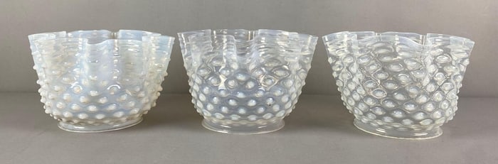 Group of 3 Antique Opalescent Hobnail Ruffled Edge Glass Lamp Shades