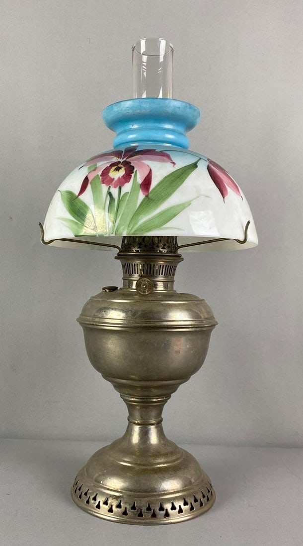 Antique Hand Painted Floral Victorian Oil Lamp: Hand painted floral glass lamp shade, measures 21” H x 10” W x 10” D