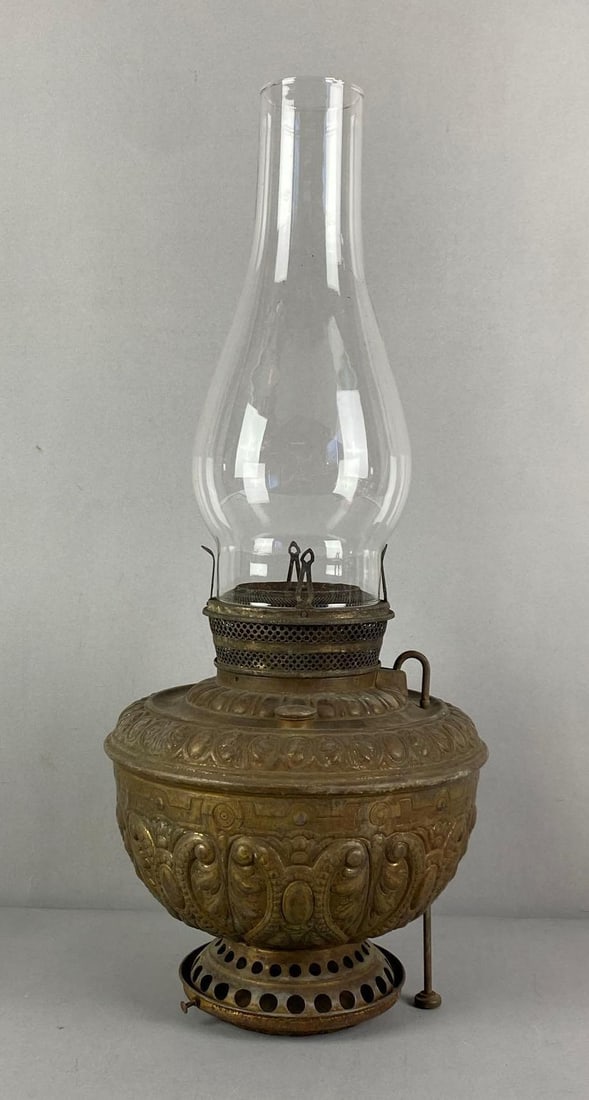 Antique Victorian Filagree Reservoir Oil Lamp: Antique Victorian Filagree Reservoir Oil Lamp. Measures 21 1/2” H x 9” W x 9” D