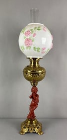 Antique Victorian Cherub Figural Column Floral Hurricane Oil Lamp
