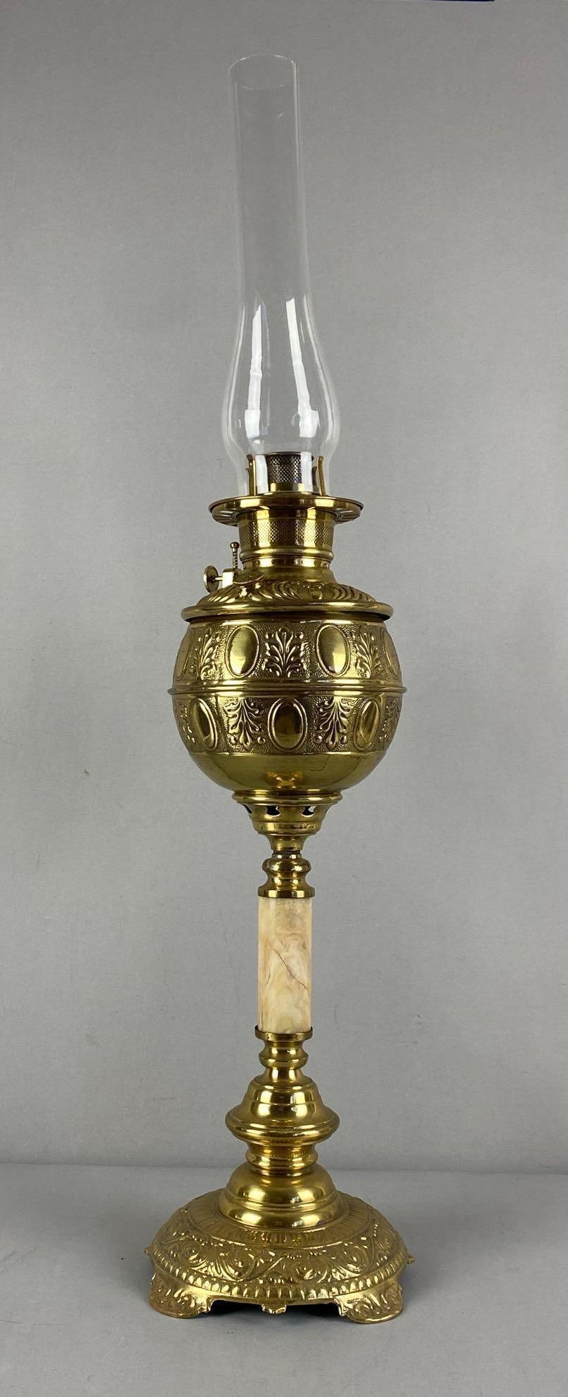 Antique Victorian Filagree Brass Oil Lamp: Measures 33” H x 7” W x 7” D