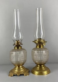 Group of 2 Antique Victorian Pressed Glass Oil Lamps