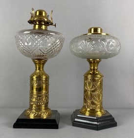 Group of 2 Vintage Victorian Filagree Column Oil Lamps
