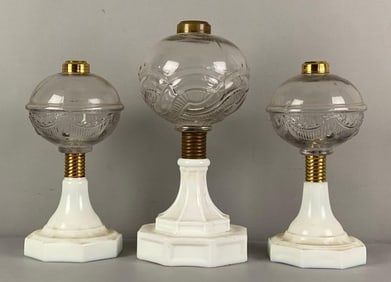 Group of 3 Antique Victorian Pressed Glass Oil Lamps with Milk Glass Bases