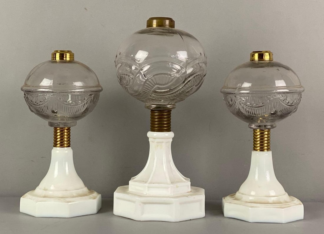 Group of 3 Antique Victorian Pressed Glass Oil Lamps with Milk Glass Bases (1 of 3)