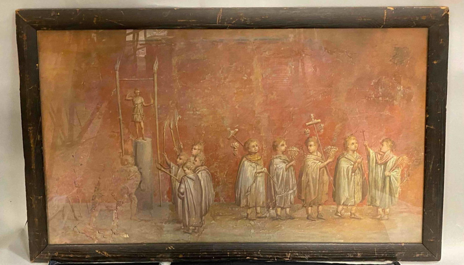Antique “Honoring Goddess Dina" Oil Painting on Canvas: Measures L 42 x W 26 inches. This antique oil painting titled “Honoring Goddess Dina” is attributed to Luigi Bazzani of Naples, noted for his dramatic architectural and classical compositions.