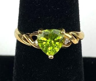 Signed 10 K Gold Diamond and Peridot Ring
