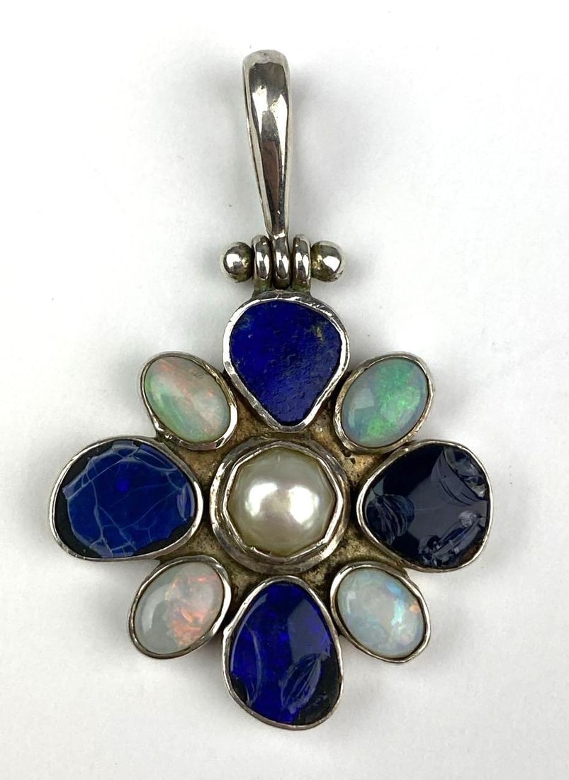 .925 Sterling Silver Opal Glass Pendant: Measures H 2 x W 1 1/4 X D 1/4 inches