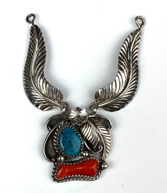 Signed Thomas J .925 Sterling Silver Turquoise and Coral Pendant