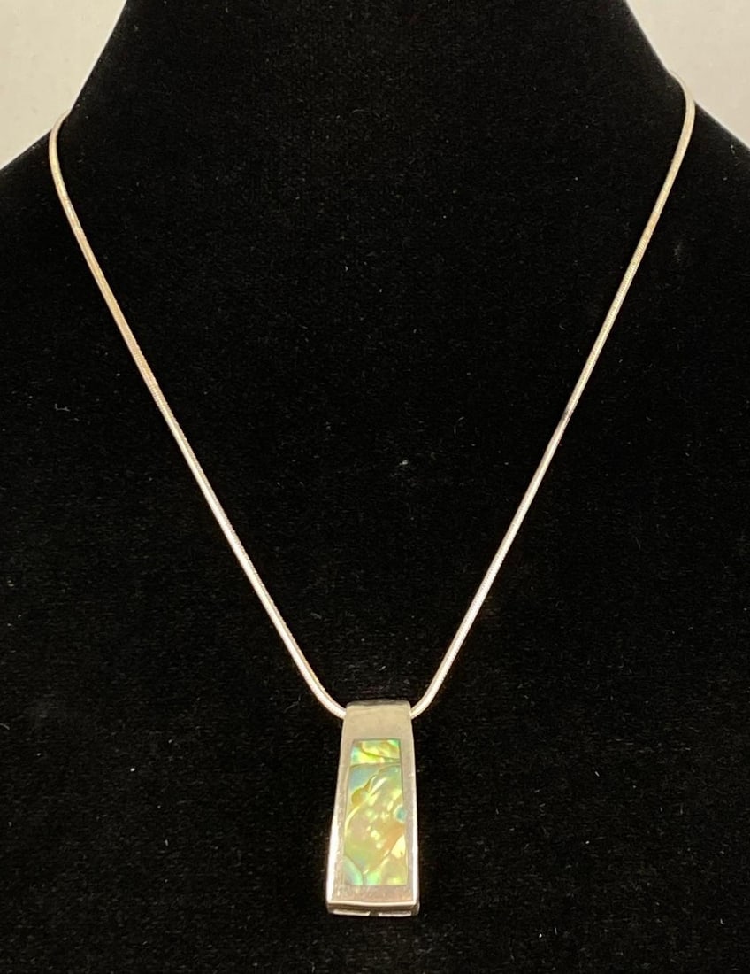 Italian Sterling Silver With Abalone Pendant Necklace: Measures 20” in length