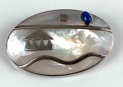 Designer Signed Sterling Silver Lapiz Lazuli and MOP Pin