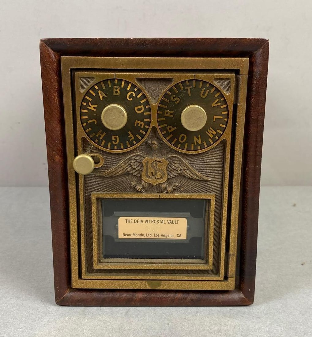 Antique US Post Office Box Door Federal Eagle Coin Bank: Circa 1920’s The Dena Vu Postal Vault. Number 450 on glass. Combos include on bottom. Measures H 6 x W 4 1/2 x L 9 inches.