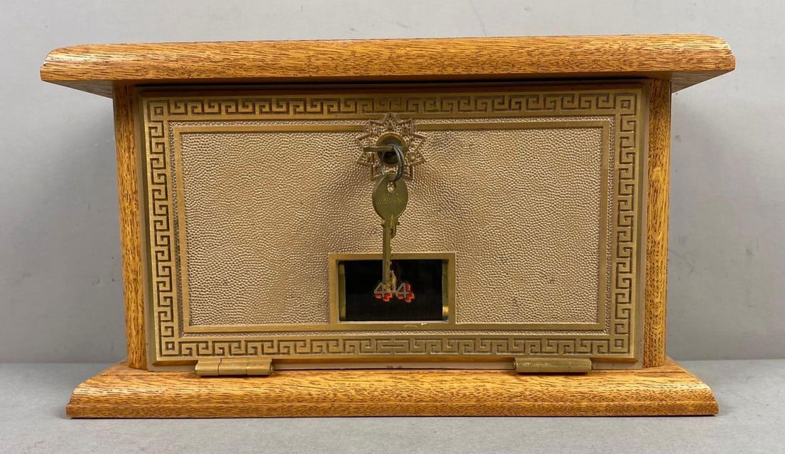 Antique US Post Office Box Door Federal Eagle Coin Bank: 1958 Federal Equipment Bank Door Coin Box with 2 Keys. Number 44 on glass. Measures H 8 x W 5 1/2 x L 14 inches.