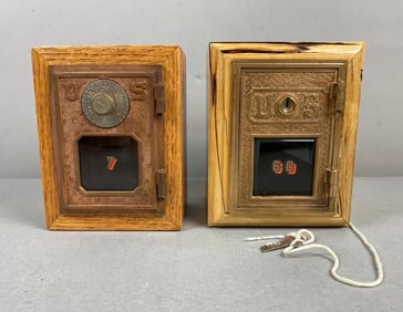 Group of 2 Antique Post Office Box Door Federal Eagle Coin Bank