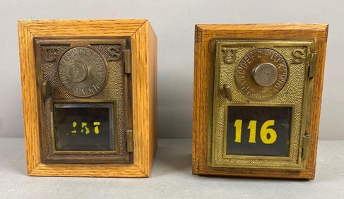 Group of 2 Antique Post Office Box Door Federal Eagle Coin Bank