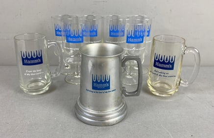 Group of 9 Vintage 1970’s Hamm’s Stemmed Goblet Glasses and More