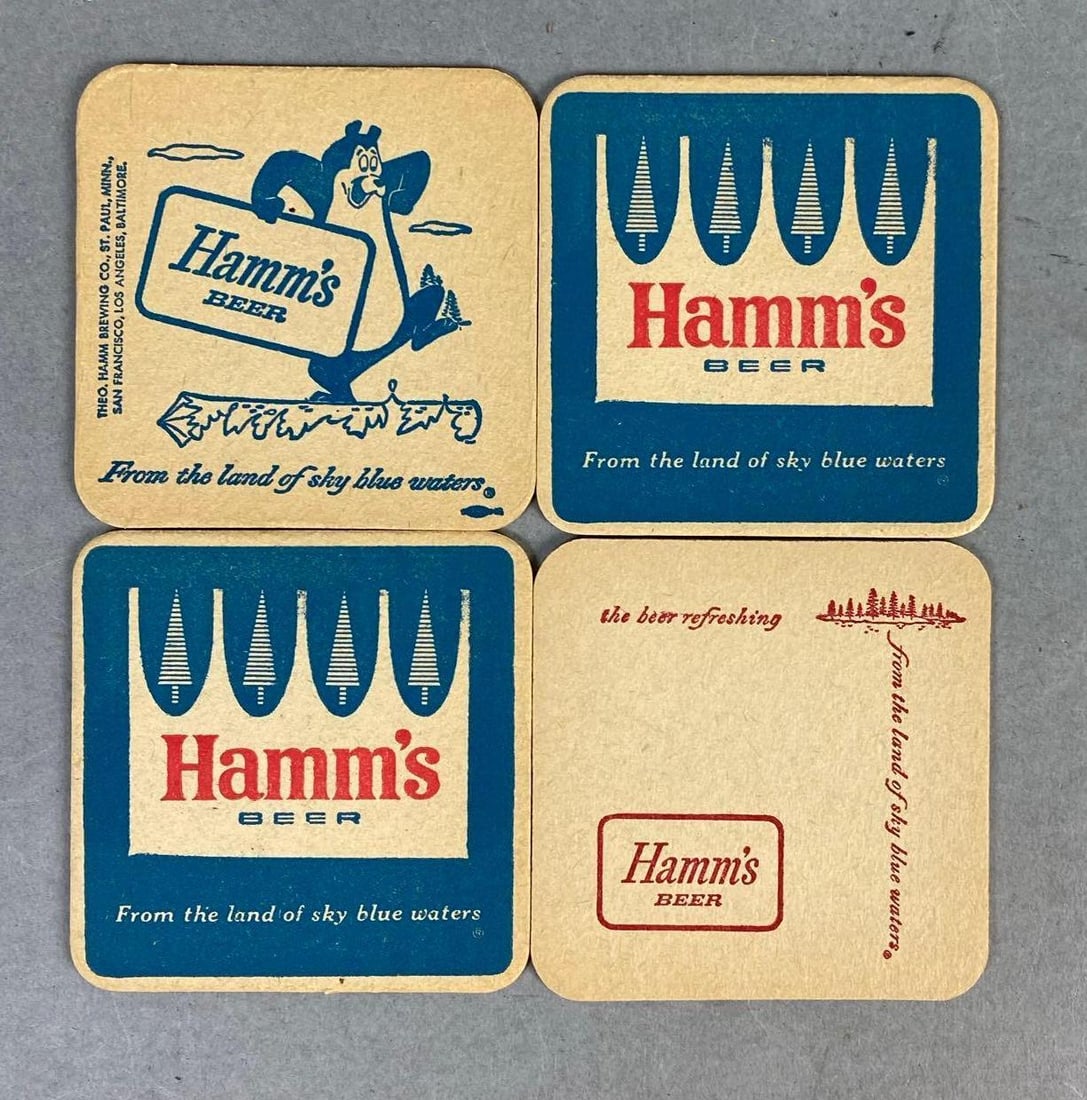 Group of 4 Vintage 1960’s Hamm’s Beer Advertising Coasters: Includes “ Hamm’s Beer From the land of sky blue waters” slogan. Measures L 3 1/2 x W 3 1/2 inches.