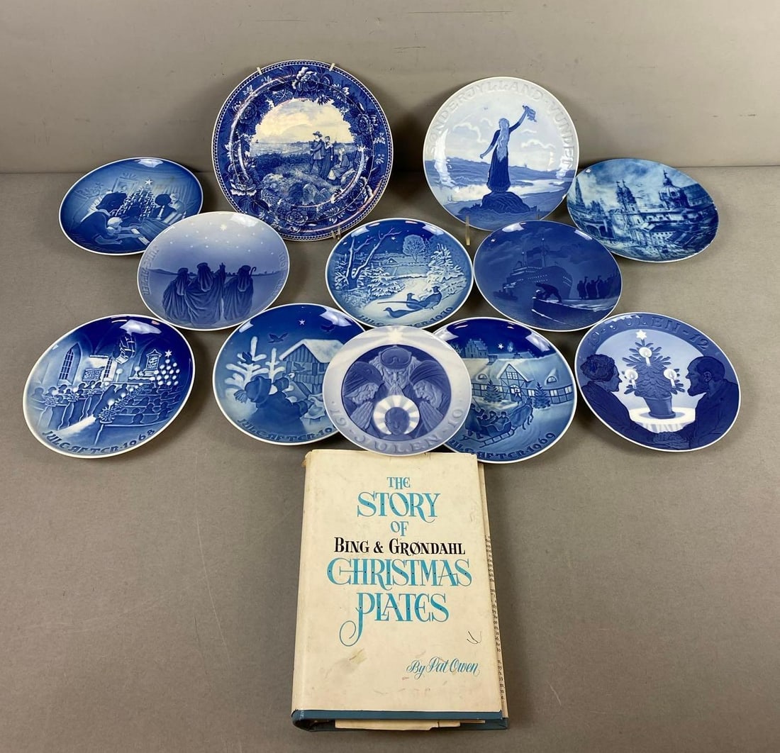 Group of 13 Royal Copenhagen Annual Christmas Porcelain Plates and More: Includes 1912 Julien, 1969 Julen, and more. Largest plate measures 9 inches in diameter.