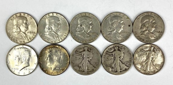 Group of 10 US Silver Half Dollars