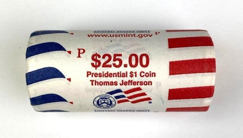 US Mint $25 Thomas Jefferson Presidential $1 P Coin Roll
