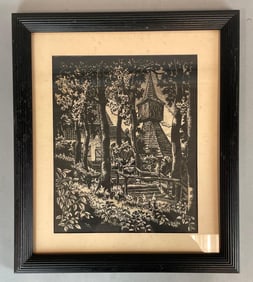 Vintage Wood Block Cottage Church Print