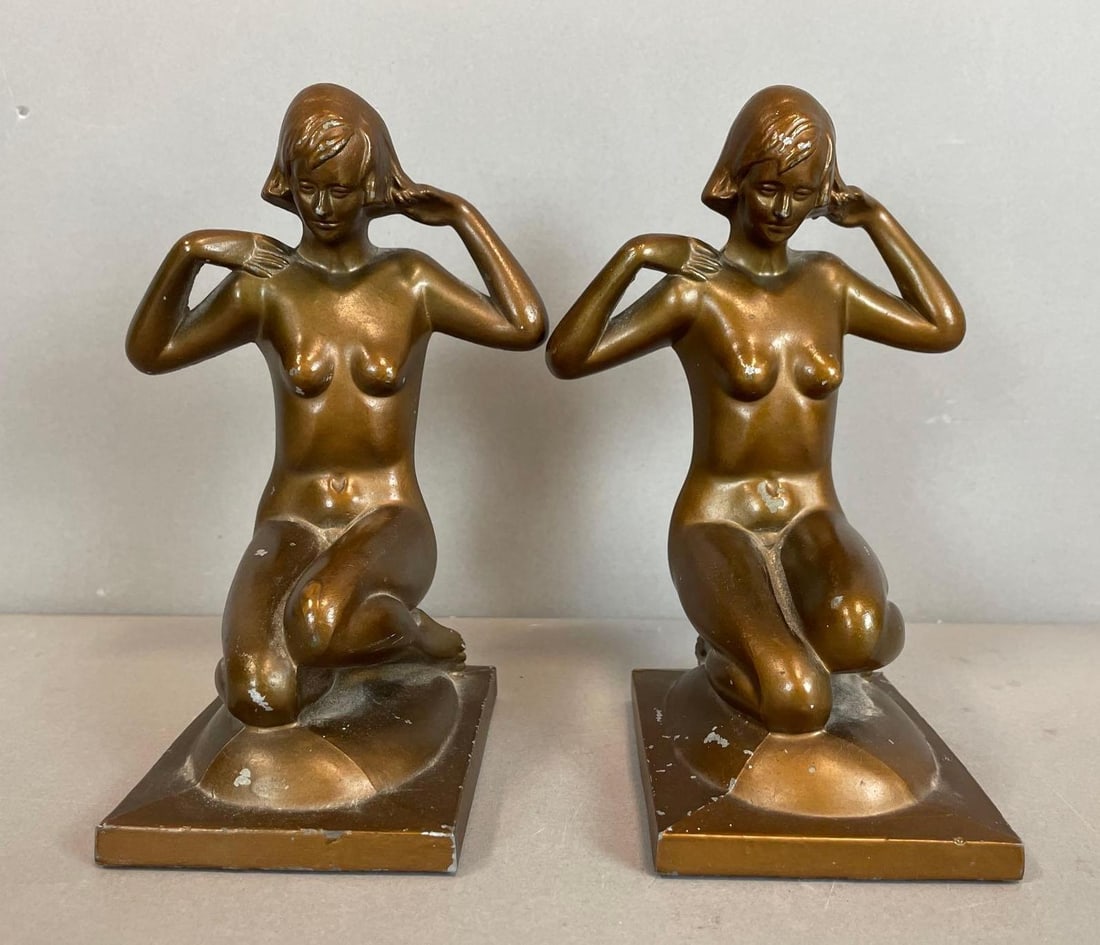 Pair of Art Deco Nude Woman Figural Metal Bookends: Some chips in bronze coating, 6 3/4" x 4" x 4 1/2"
