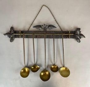 Vintage Forged Steel and Brass Kitchen Utensils with Hanger
