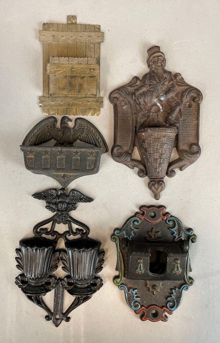 Group of Antique Cast Iron Match Safes: Figural safe measures 8 1/2" x 5" x 2"