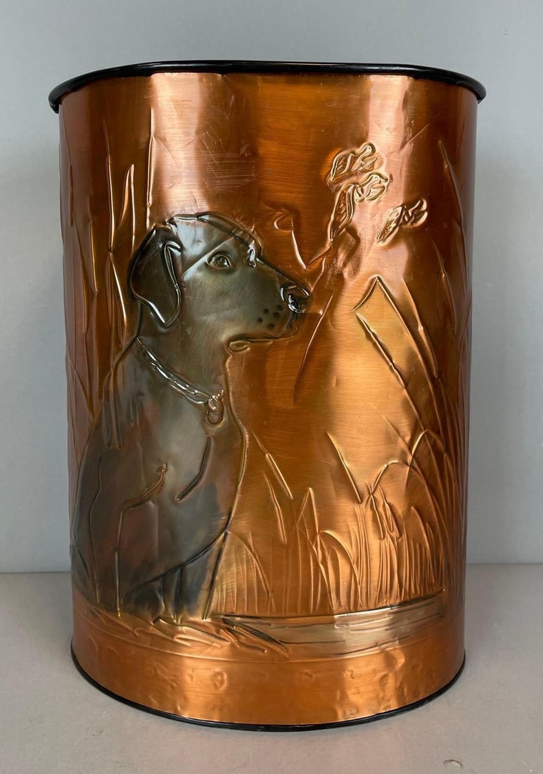 1993 Artist Signed Ducks Unlimited Copper Wrapped Trash Can: Signed on back by Gregory Hentzl, hunting dog, measures 13 3/4" x 10 1/4" 7 1/4"