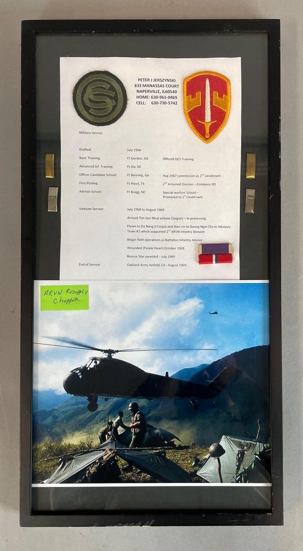 Vietnam War Identified Soldier Military Service Display: Naperville, IL, awarded Purple Heart and bronze star, frame measures 20 3/4" x 10 3/4"