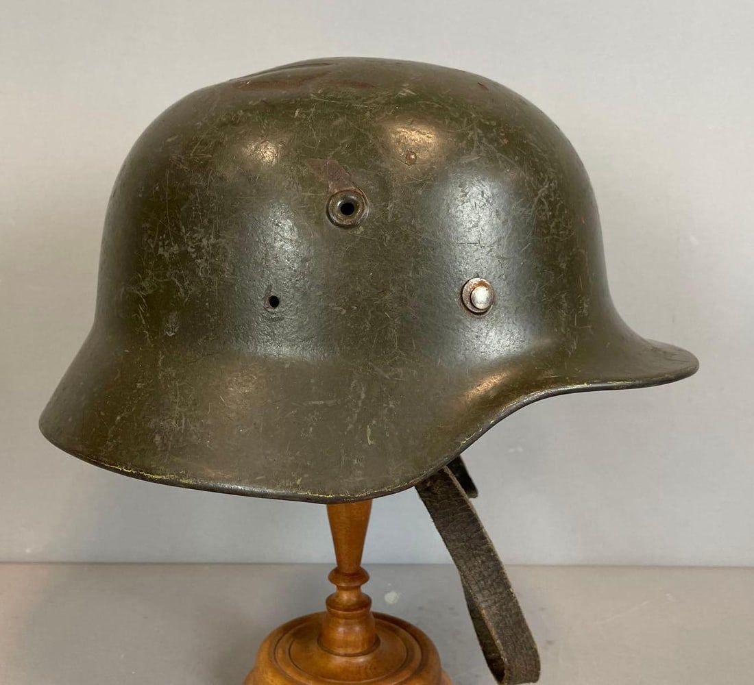 Post WW2 Finnish Army Helmet: German made, German style, leather liner, stand not included