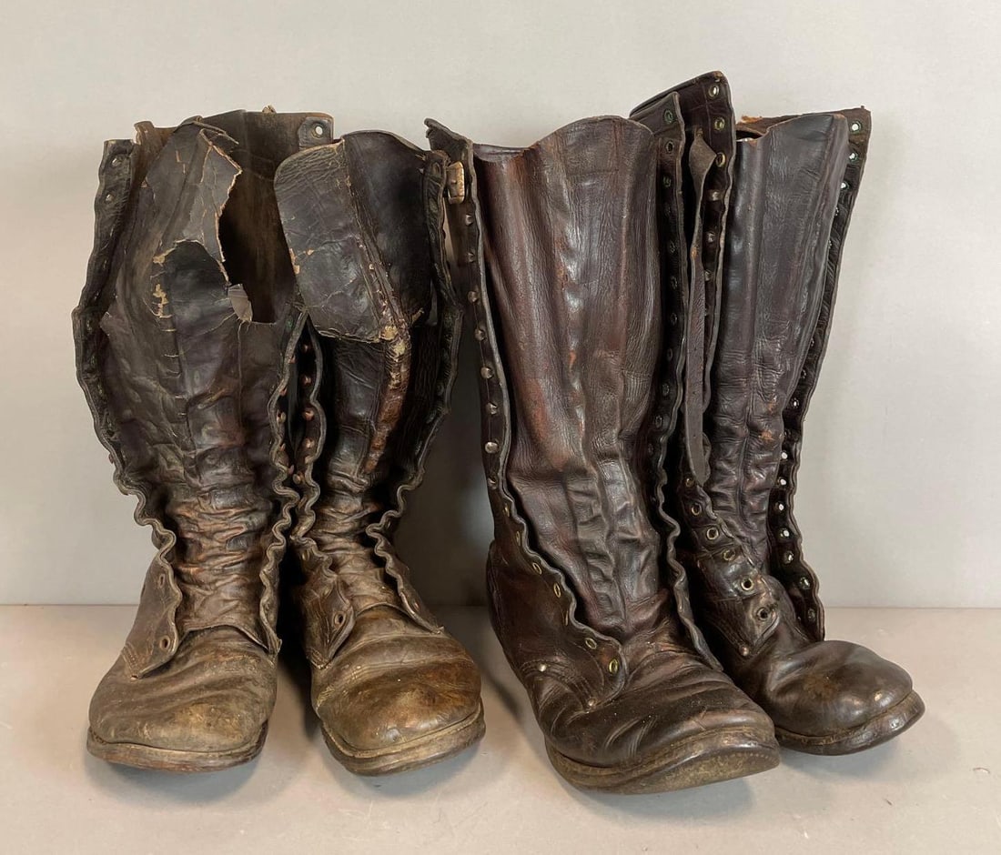 2 Pairs of WW2 Era U.S. Military Boots: One pair has gorilla shoe tag, well worn, size 8 1/2 - 9