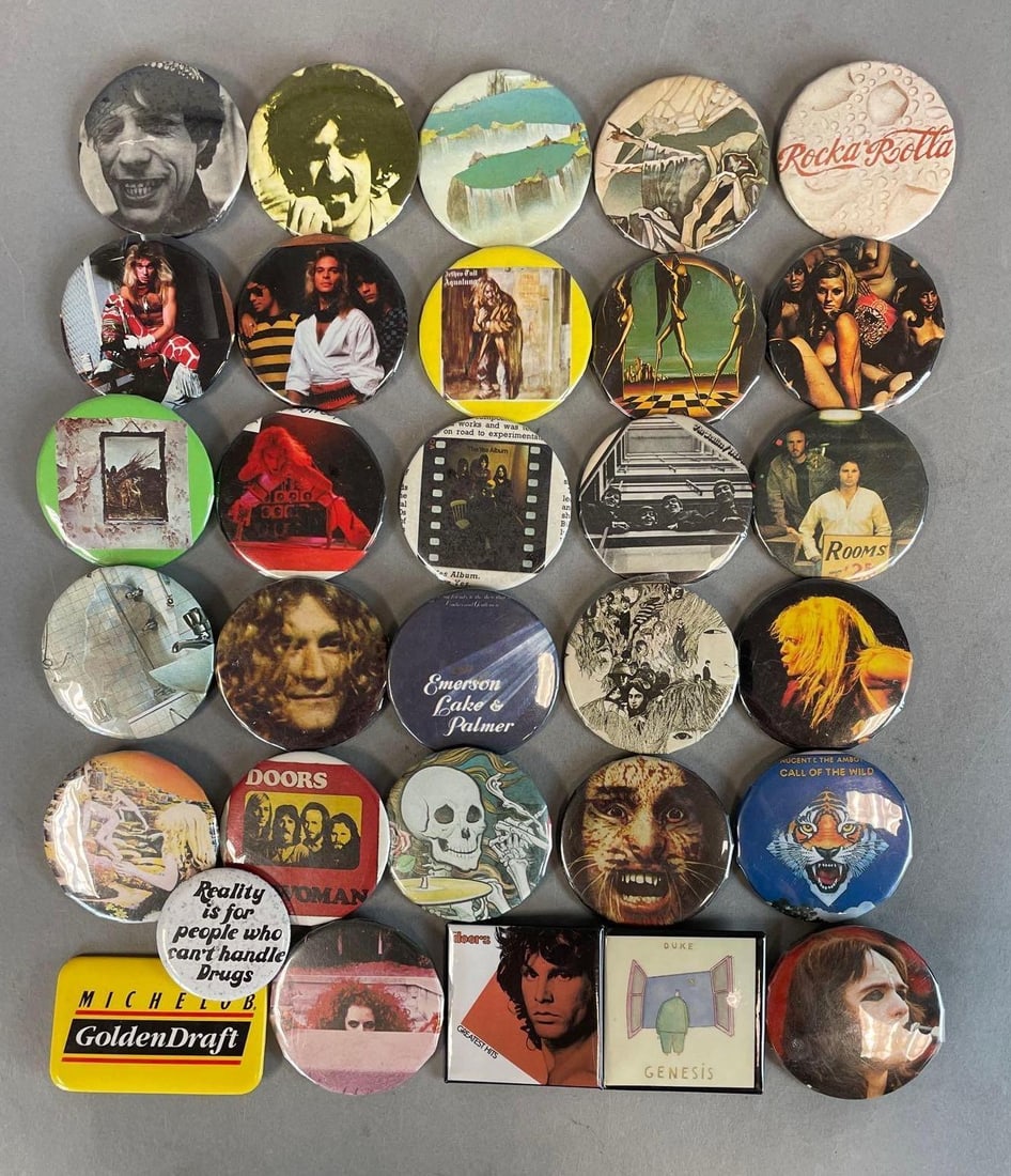 Group of Classic Rock Buttons: Includes the Beatles, Led Zeppelin, Rolling Stones, 12" x 8" cross