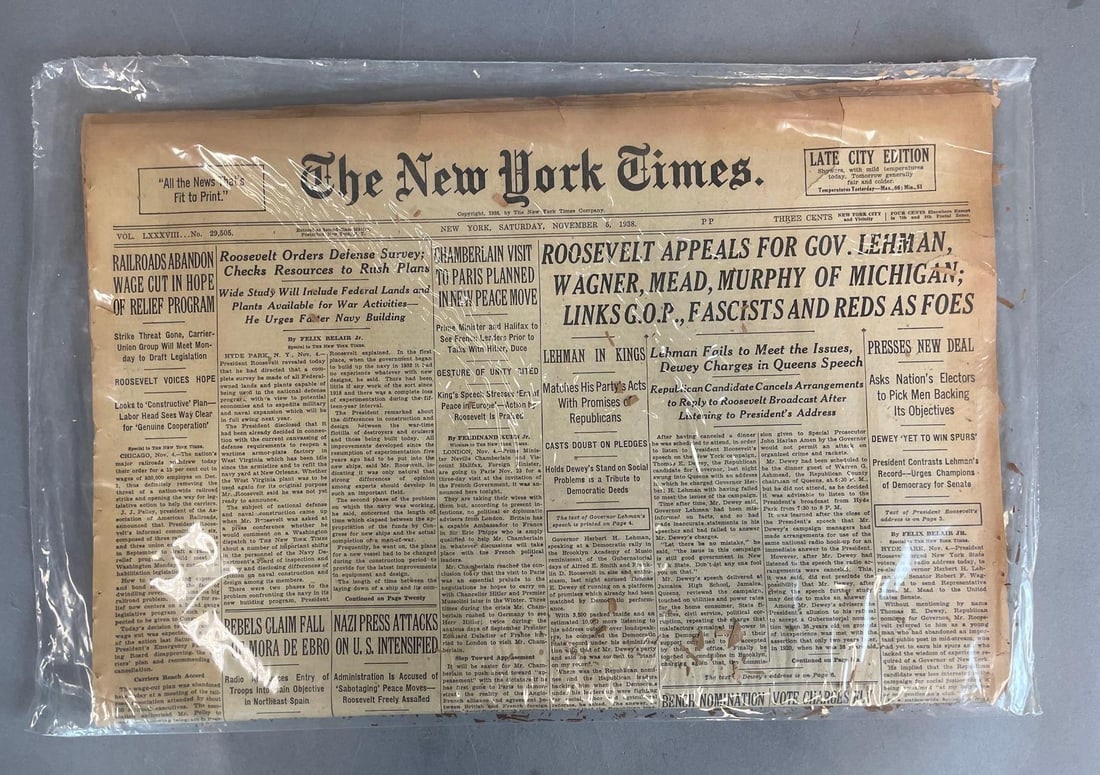 November 5, 1938 New York Times Newspaper: Includes COA, sealed in plastic