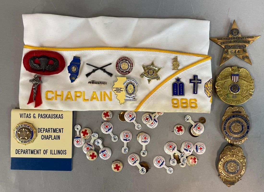 Group of American Legion Items: Include ls chaplain cap, badges, American Red Cross buttons