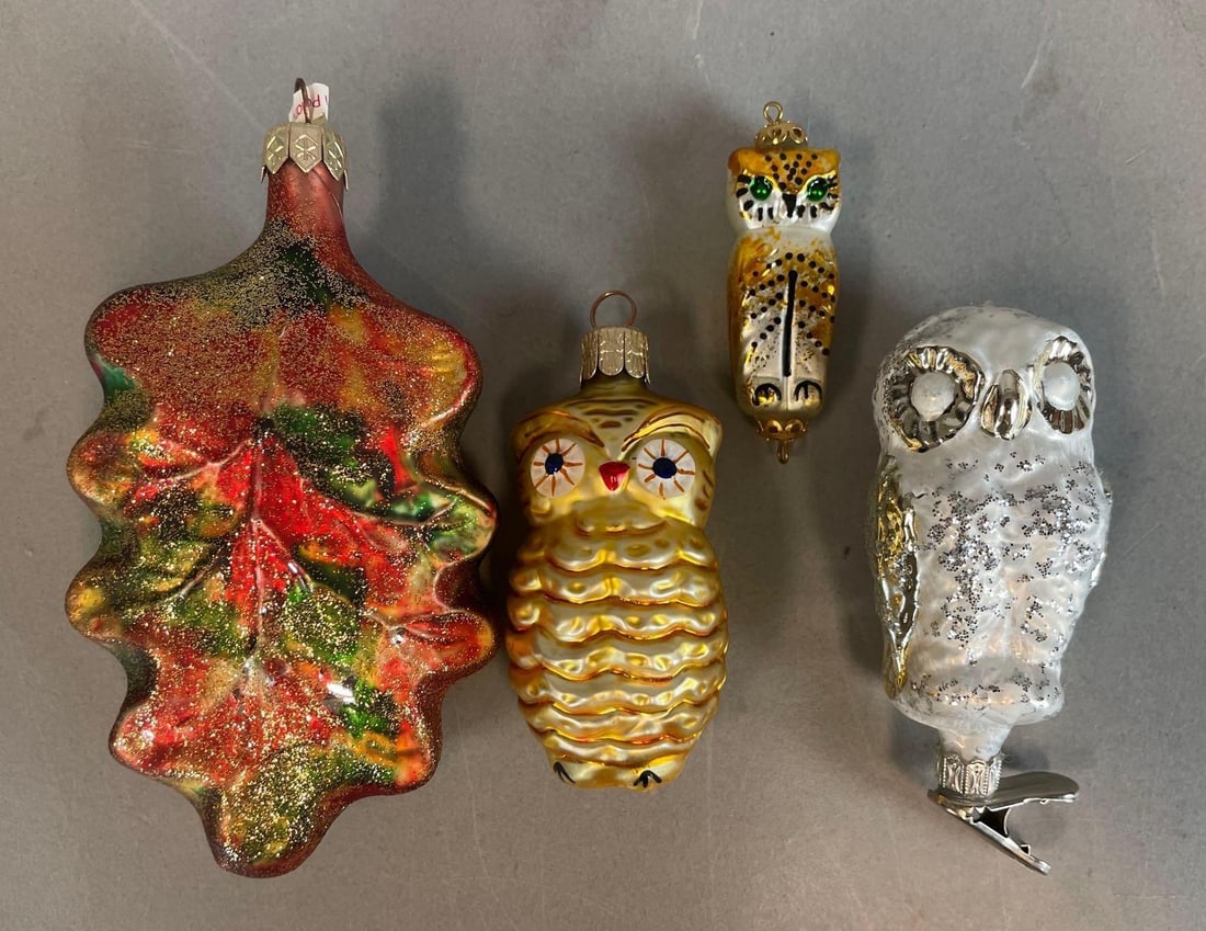 Group of Glass Owl Ornaments: 2 German, polish oak leaf