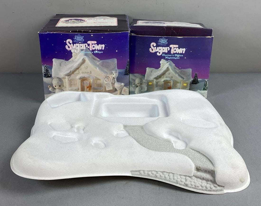 Group of 3 1996 Precious Moments Figures and More: Includes Doctors office, nightlight, and more. Largest item measures L 14 x W 12 inches.