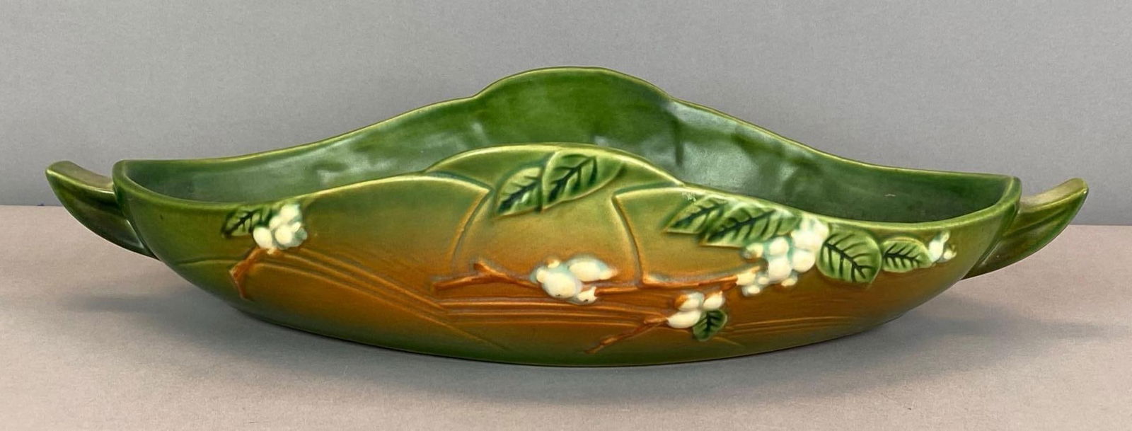 Vintage Roseville Pottery Snowberry Console Bowl: Marked on base, small chip on handle, measures 4” H x 17” W x 9” D