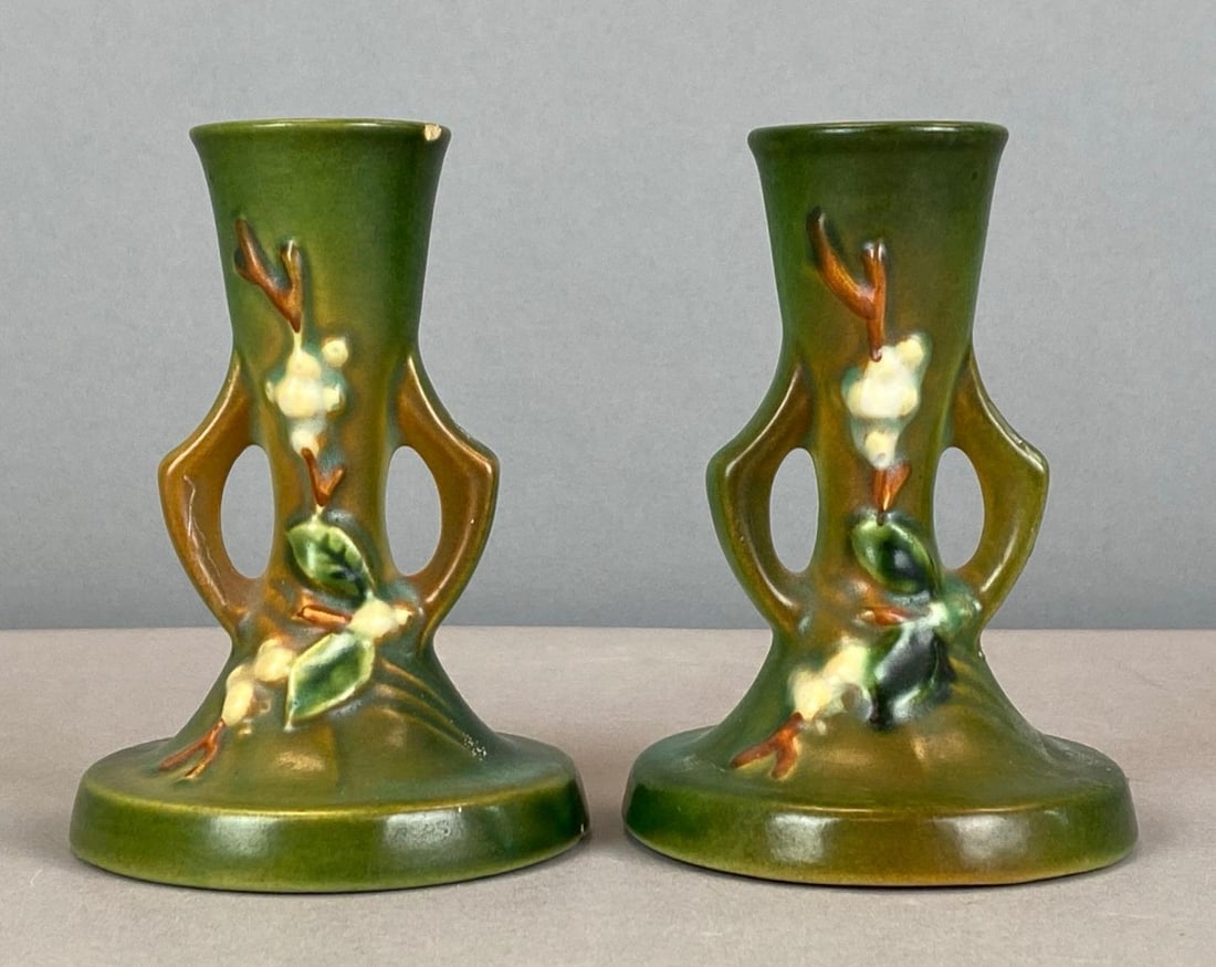 Pair of Vintage Roseville Pottery Snowberry Candleholders (1 of 3)