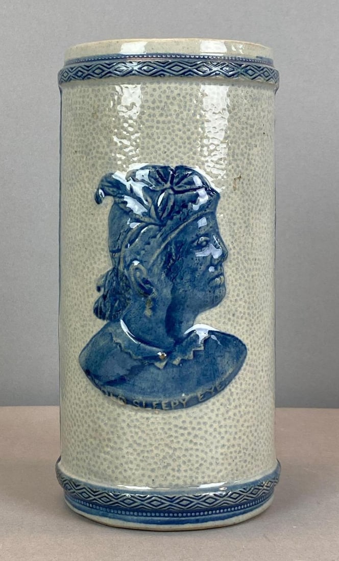 Antique Old Sleepy Eye Stoneware Vase: Measures 8 1/2” H x 4” W x 4” D