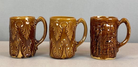 Group of 3 Antique Brown Glaze Pottery Mugs