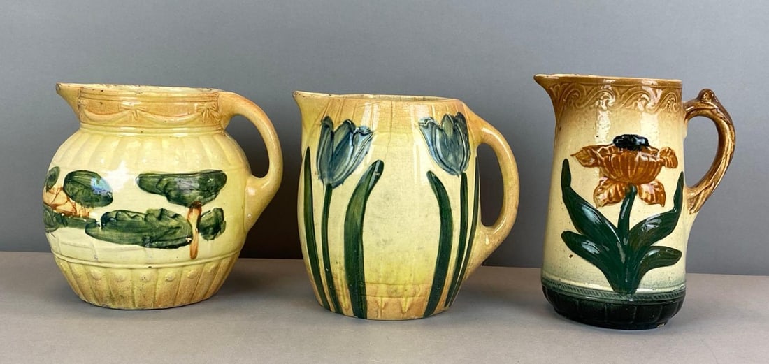 Group of 3 Antique Floral Stoneware Pitchers (1 of 3)