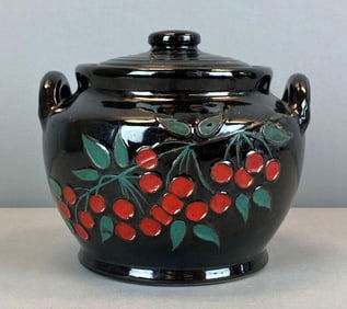Vintage Cherry Black Glaze Stoneware Cookie Jar