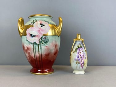Group of 2 Vintage Hand Painted Floral Porcelain Vases