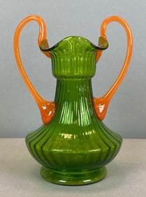 Vintage Orange Speckle Handle Green Art Glass Vase