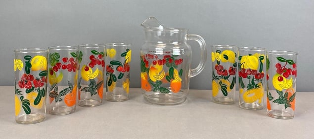 MCM Fruit Pressed Glass Pitcher And Tumbler Set