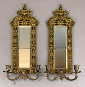 Group of 2 Cast Brass Mirrored Dual Candle Wall Sconces