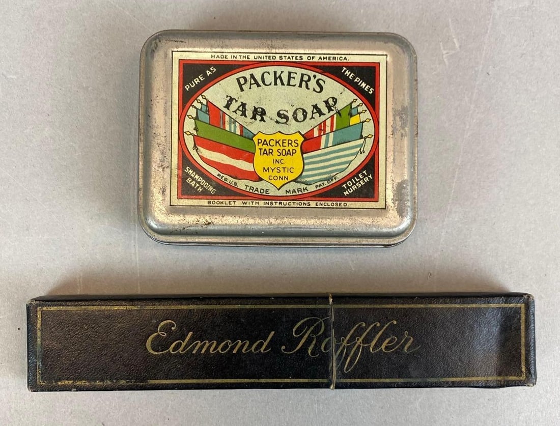Group of 2 Antique Items: Includes Packers Tar Soap Tin and Edmond Roffer Straight Razor, largest measures 1 1/2” H x 6” W